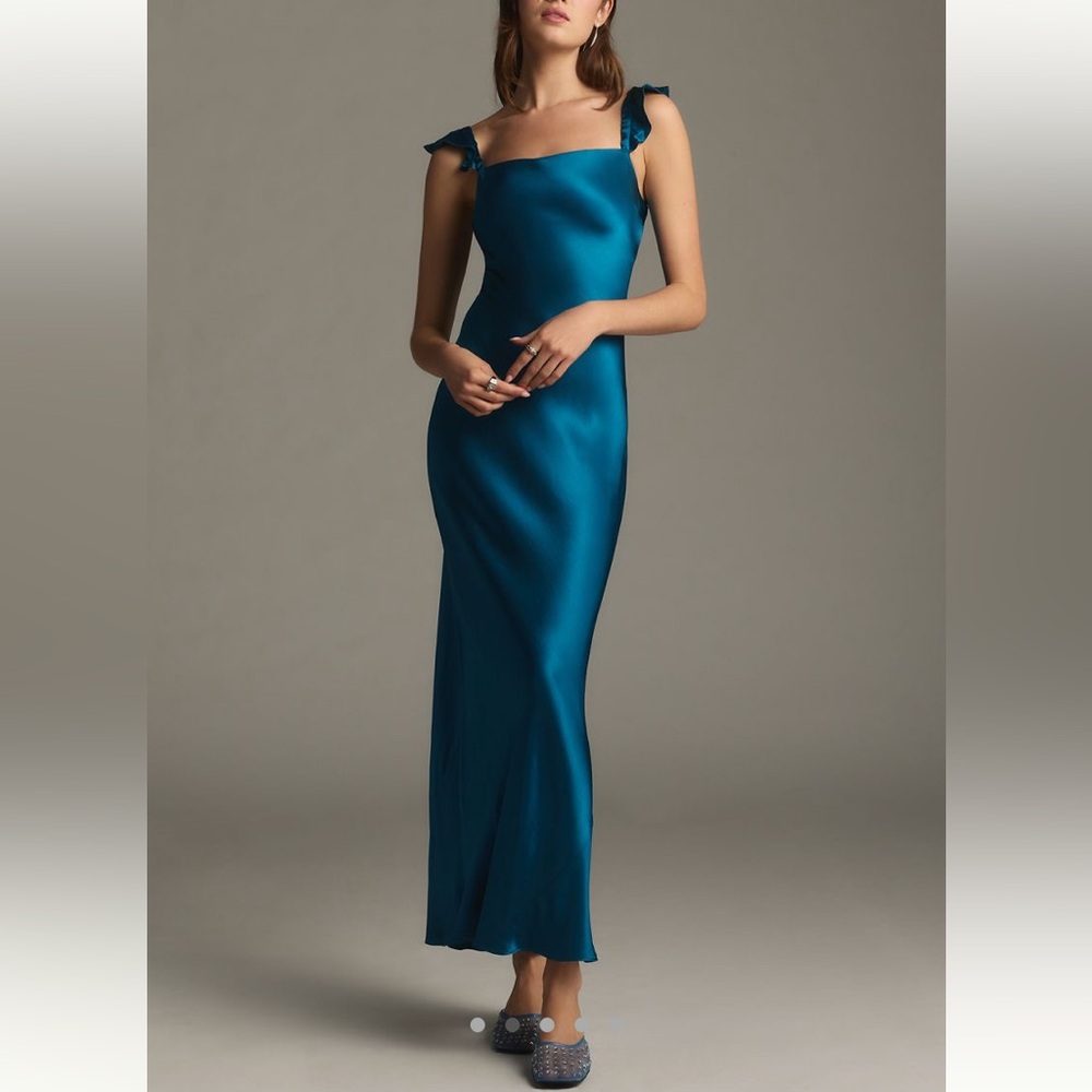 Anthropologie Teal Flutter Sleeve Square Neck Maxi Dress